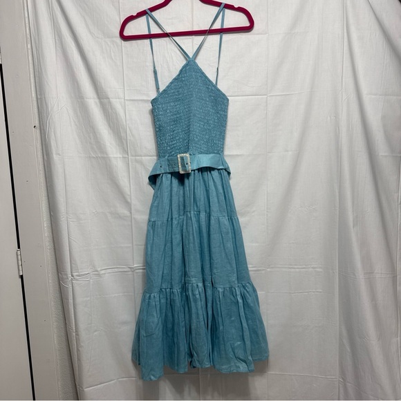 NWOT Lusana light blue linen dress midi ruched belted lined women’s size 8 - Picture 2 of 7